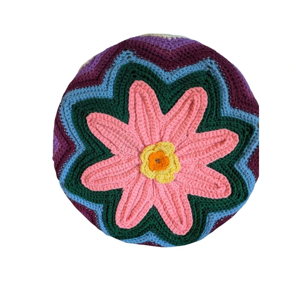 Handmade Crochet‎ Floral Round Throw Pillow Colorful Decorative Cushion